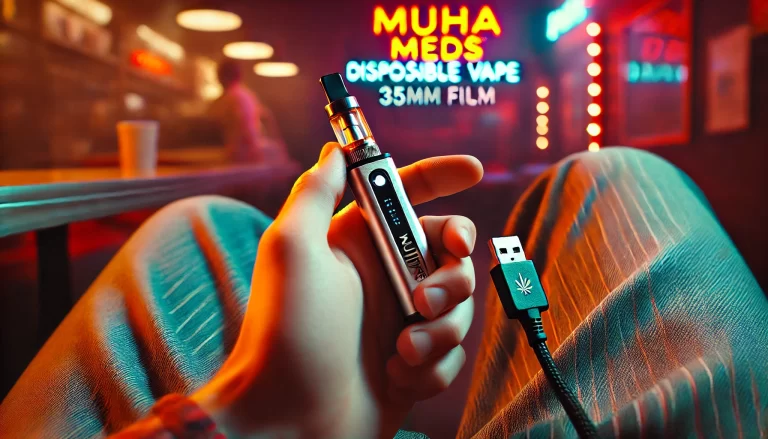 A person’s hand holding a Muha Meds disposable vape, preparing to plug it into a charging cable.